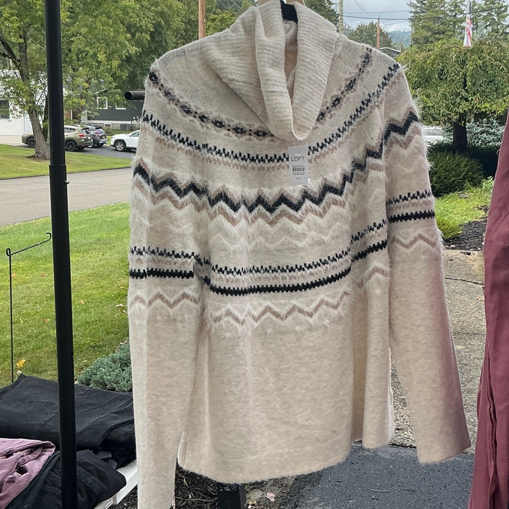 LOFT Cream and Black Patterned Cowl Neck Sweater